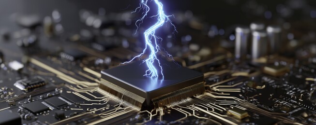 闪电直接击中中央电子微芯片的表面