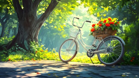 乡间小路上的复古自行车与鲜花
