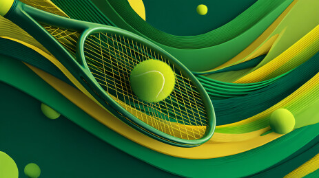 黄绿动感网球拍与网球的运动插画
