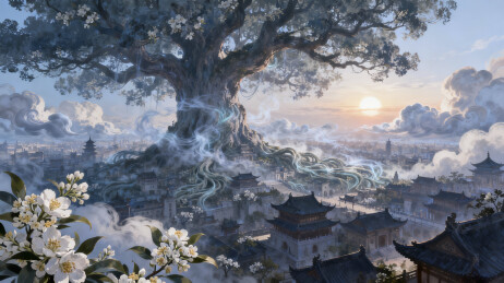 云雾缭绕的千年巨树艺术插画