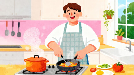 一个戴着围裙的男人在厨房做饭