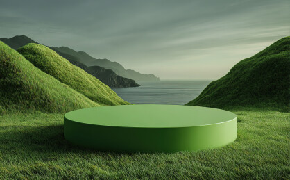 绿色圆形平台置于草地山谷