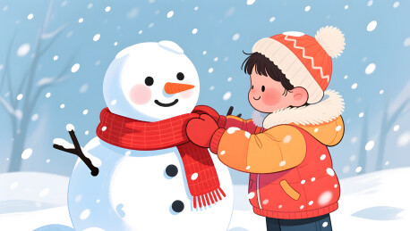 冬装儿童为雪人围上温暖红围巾