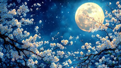 花枝冷色调月夜装饰背景