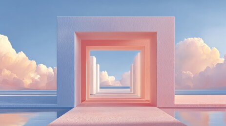极简梦幻几何门廊与云海水景