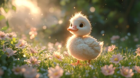 小鸭暖光花田风景背景