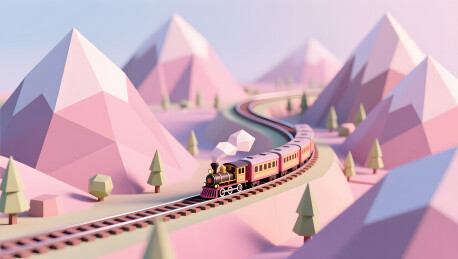 几何山脉间小火车在宁静景观中行驶