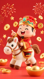 卡通财神骑萌马呈现活泼开运氛围