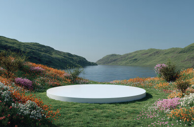 湖畔花丛中的圆形平台