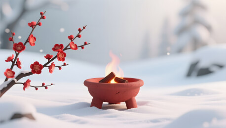 红泥火炉与红梅静置雪地显温雅