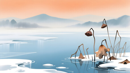 冰封湖面与远山淡影营造的宁静冬日意境