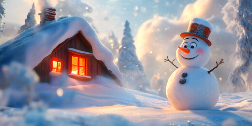 冬日薄雾里的温暖雪屋与雪人