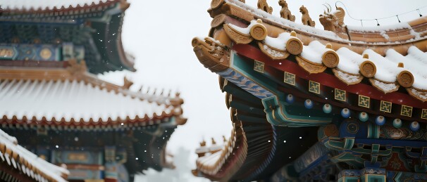 雪中古建筑屋檐特写