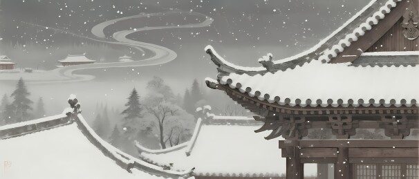 雪中古建筑屋顶远景