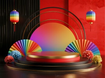 彩虹舞台与彩扇装饰场景