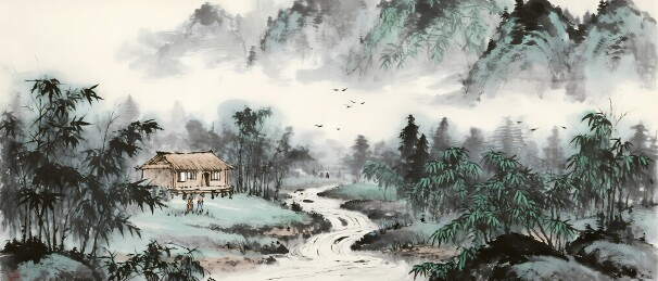 山水画中的茅屋与溪流