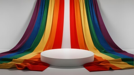 彩虹布幔环绕的白色圆形台