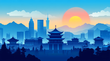 亚洲都市日出天际线