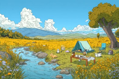 溪边野营风景与动物嬉戏的田园画面