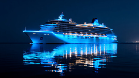 夜幕下的蓝色邮轮航行