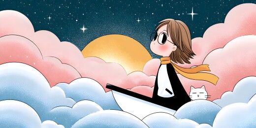 云海夜空女孩乘舟