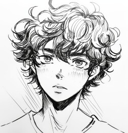卷发少年黑白肖像画