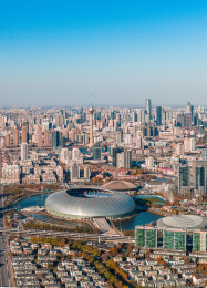 中国天津奥体中心公园天塔航拍图