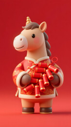 小马怀抱红鞭炮呈现喜庆年味