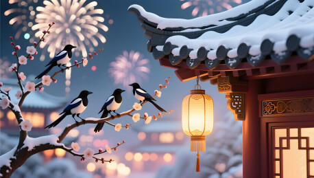 雪夜屋檐与梅花喜鹊共绘静美景象