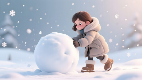 卡通女孩在冬日雪地里滚动巨大雪球