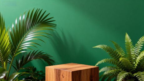 绿色背景植物与木块