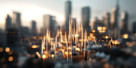 城市高楼天际线背景下金色的K线图金融背景