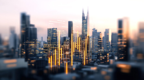 城市高楼天际线背景下金色的K线图金融背景