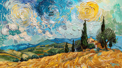 梵高风格星夜下的橄榄树田园画作