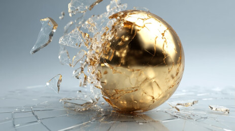 金色球体撞碎玻璃的冲击瞬间