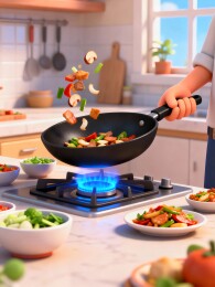 炒锅烹饪食物场景