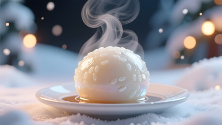 雪景映衬下蒸汽腾起的晶透汤圆