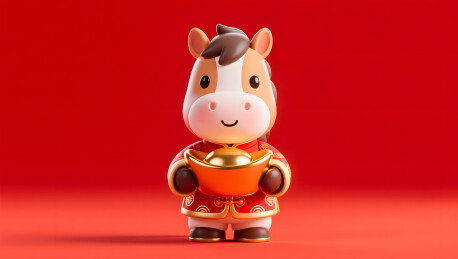 节日中可爱小马怀抱金元宝