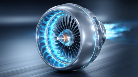 蓝色火焰喷射的飞机涡轮引擎特写