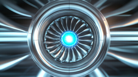 蓝色发光科技感飞机引擎涡轮特写