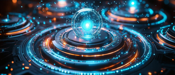蓝橙发光量子计算核心科技概念图