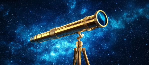 星空背景下的金色望远镜与宇宙探索