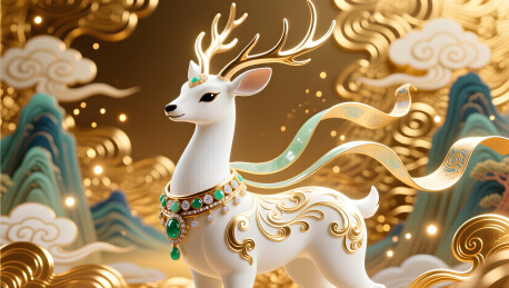 白鹿在鎏金山水间呈现祥瑞奢雅气韵