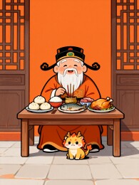 古装老人与小兽共进美食