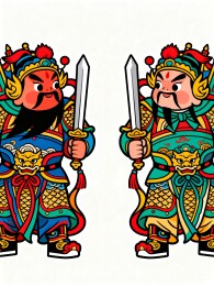 传统门神画像色彩鲜艳威严