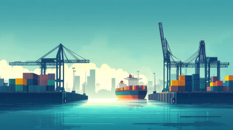 集装箱货轮与起重机，港口货运物流插画