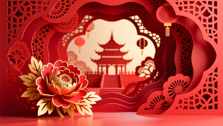 剪纸场景呈现牡丹寺庙的节庆氛围