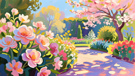 厚涂油画展现春日花园生机勃勃