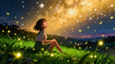 女孩仰望星空萤火虫