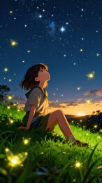 女孩仰望星空萤火虫